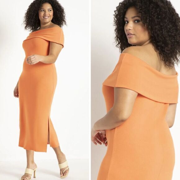 NEW Eloquii orange off the shoulder maxi dress with‎ side slit, 28 - Picture 1 of 16